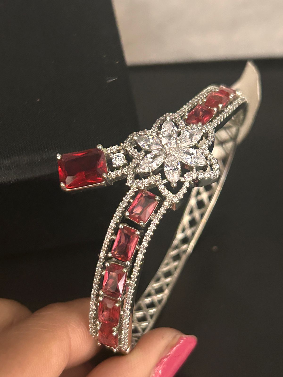 Ruby Red Stone Openable Bracelet with Floral CZ Design